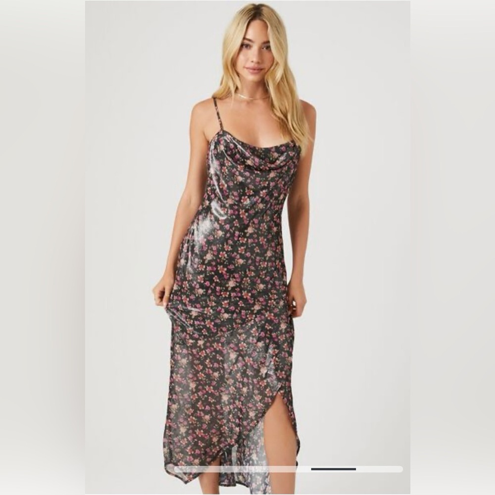 Forever 21 Floral Print Cowl Neck Midi Dress with Adjustable Spaghetti Straps